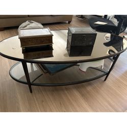Oblong Metal Coffee Table Mirror Glass Top And Glass Shelf Below