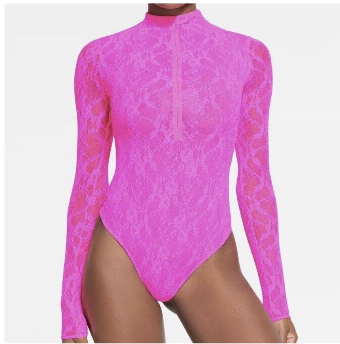 Skims NWT L Stretch Lace Lined Long Sleeve Thong Bodysuit 