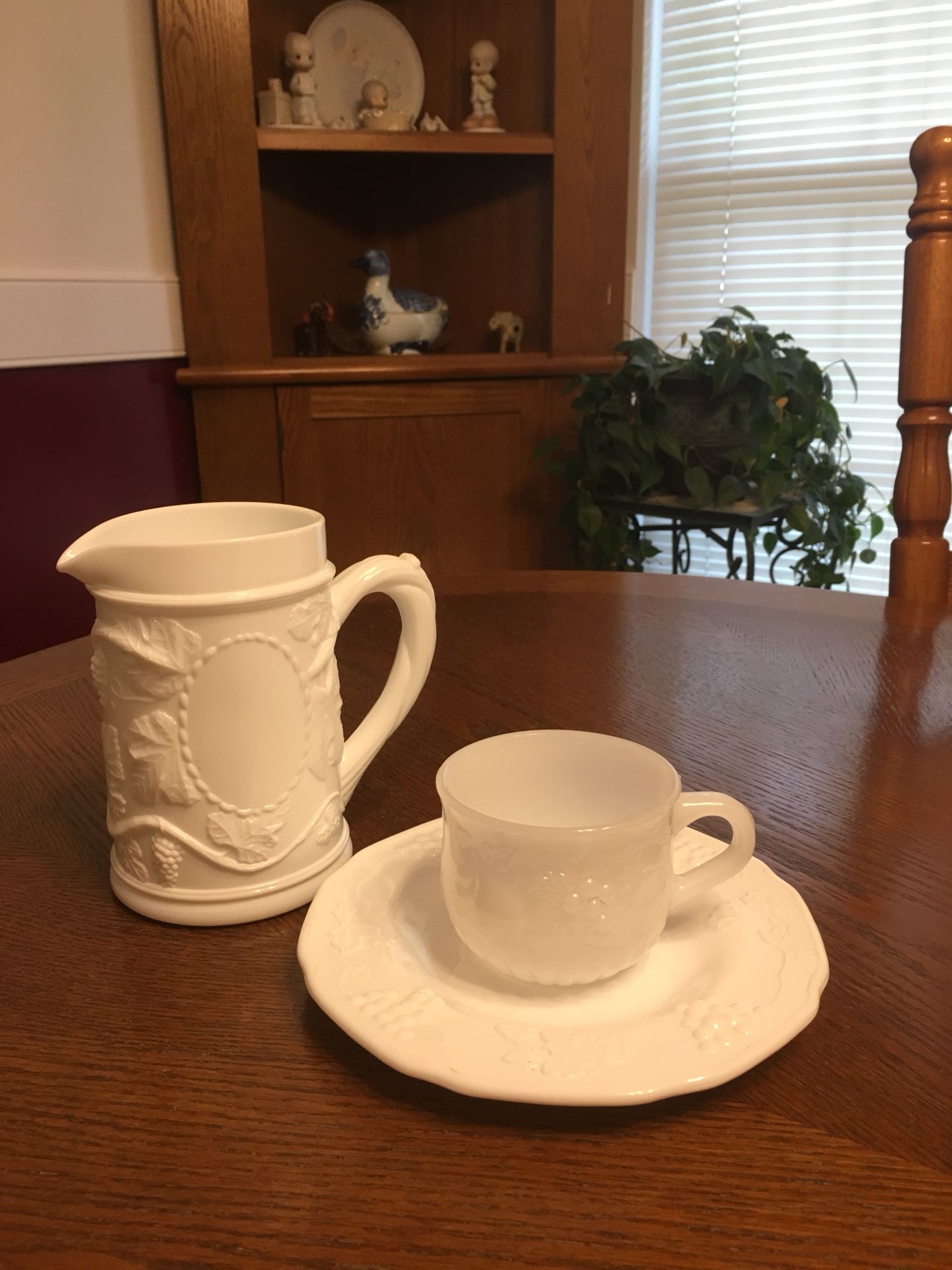 Antique Milk Glass Pitcher, Cup and Plate