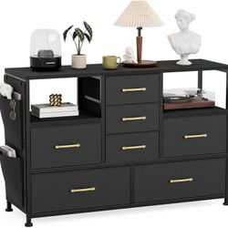 7 Drawers Dresser TV Stand, Organizer Storage Tower with Side Pockets & Storage Shelves, Black 