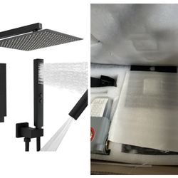 Open Box New RUMOSE Matte Black Rainfall Shower System Fixture 12 Inch High Pressure Square Shower Head with 2 in 1 Handheld Spray Wall Mount Brass Ba