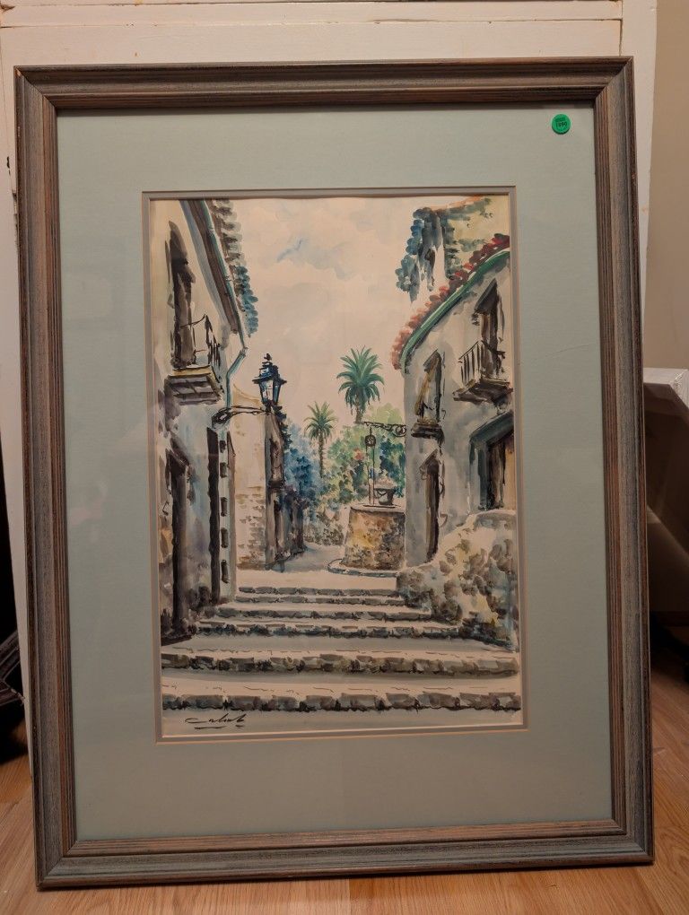 Framed Watercolor; Mediterranean street by A. Colomer