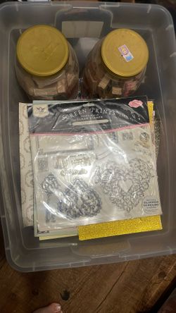 Scrapbooking Container, Paper, And Stamps As Is