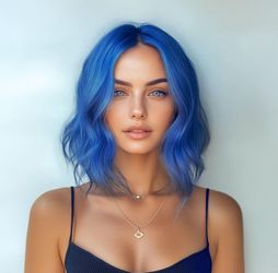 Short Blue Synthetic Wigs Shoulder Length Bob Curly Wavy 16 inches
