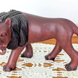Vintage Hand Carved Wood Lion African Tribal Statue Figurine - 10" Long