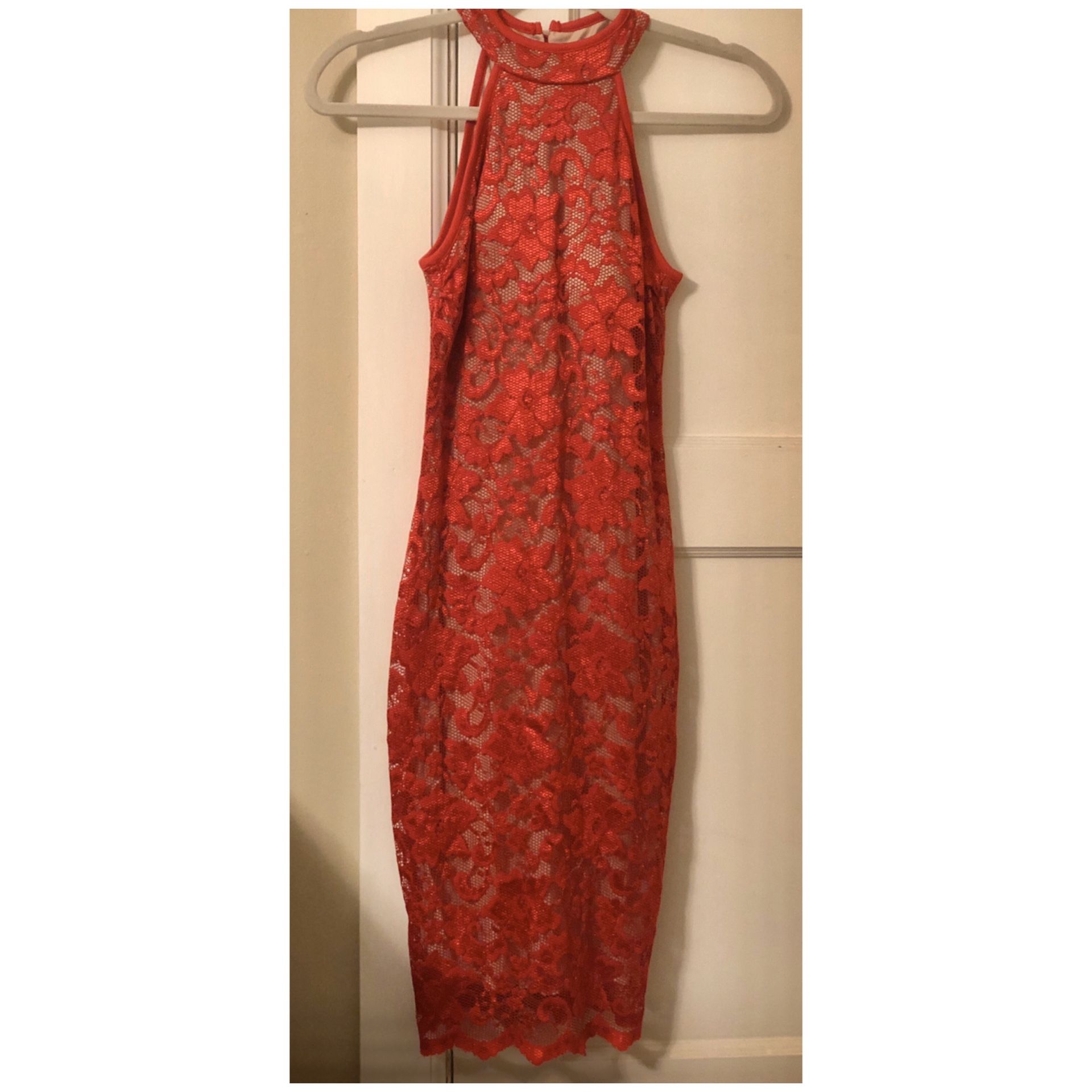 Red lace nude dress