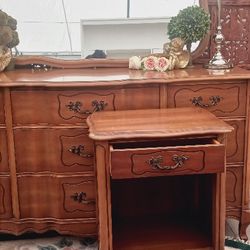 Mid Century Solid Oak 3pc French Dresser Set