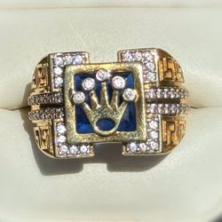 Jewelry 10k solid yellow gold blue sapphire white CZ stones 0.80CT crown Rolex ring size 10.75