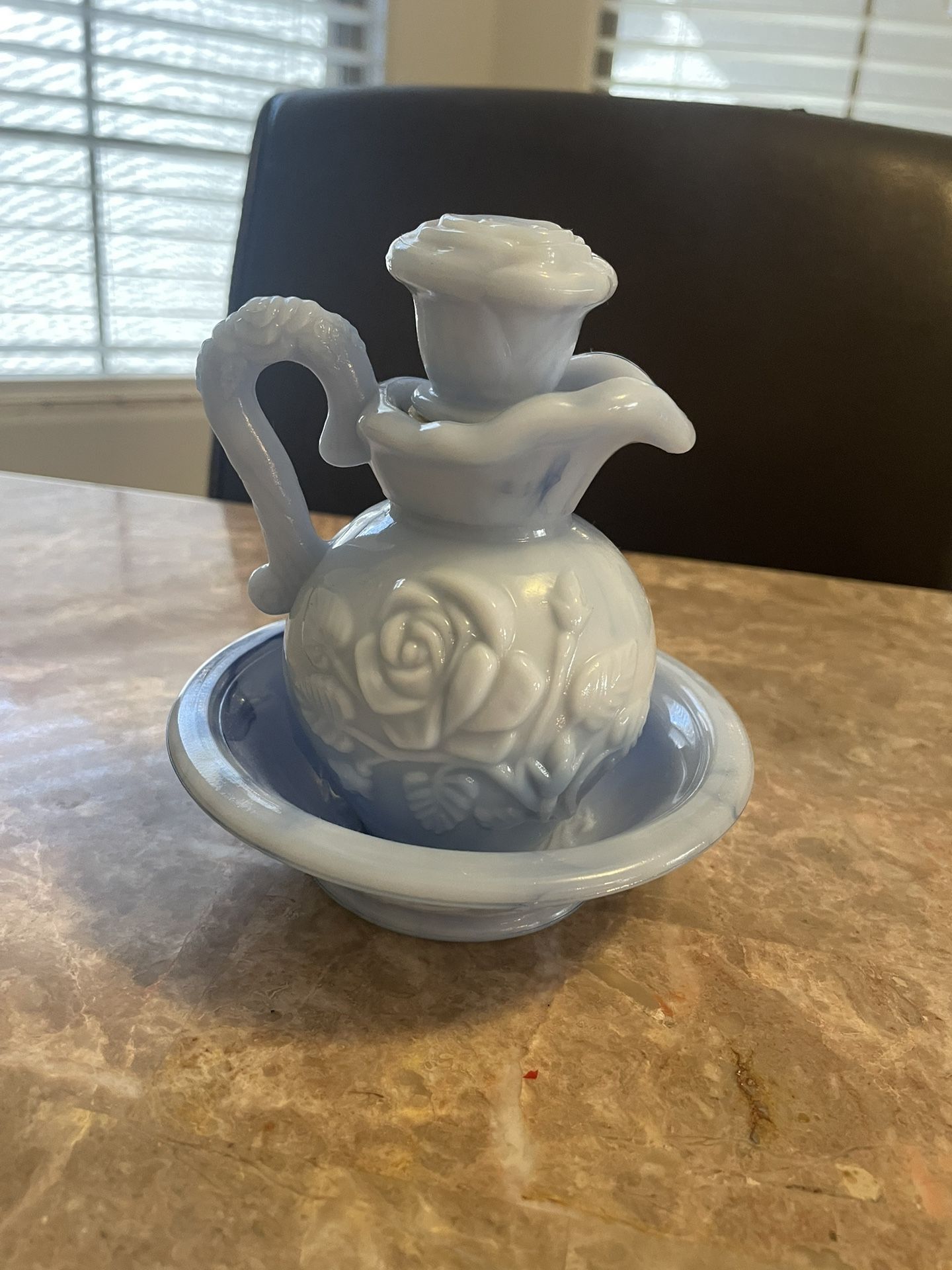 Vintage Avon Blue Swirl Milk Glass Pitcher with Stopper and Basin,