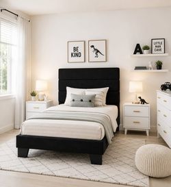 Twin bed Platform Bed Frame with Velvet Upholstered Headboard, Mattress Foundation with Strong Wooden Slats Support, No Box Spring Needed, Black
