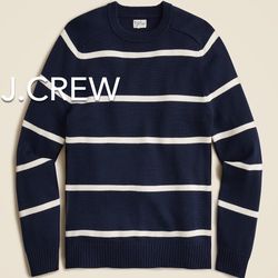 (NEW) (1 AVAILABLE) MEN’S J.CREW HERITAGE NAVY WHITE STRIPED COTTON CREWNECK SWEATER - SIZE: LARGE 