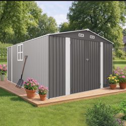 10x14 FT Outdoor Metal Storage Shed, Durable Garden Shed with Three Lockable Doors and Clear Window for Backyard, Patio, Garden, All-Weather Shelter f