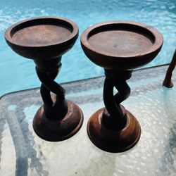 Pair of Hand Crafted Twisted Wood Rustic Pillar Candle Holders