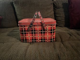 Vintage Red Tartan Plaid Metal NESCO Picnic Basket Double Handle