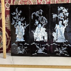 Vintage Chinese Lacquered Wood Panels With Mother Of Pearl Figures 
