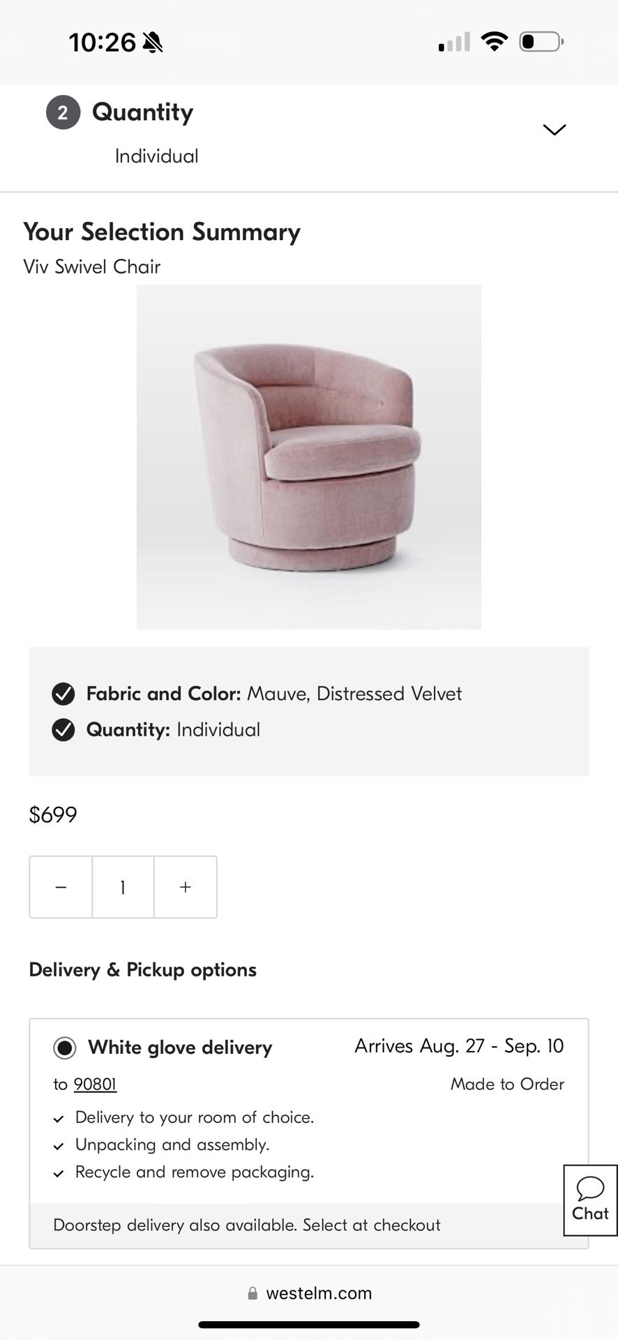 Retail $699 West Elm Viv Swivel Chair - Velvet Chair