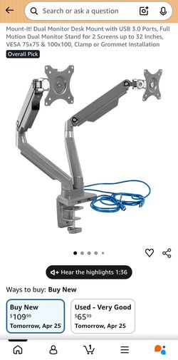 New Mount-It! Dual monitor desk mount arm with usb