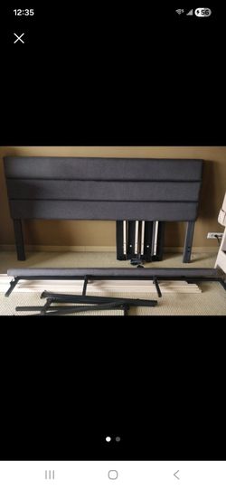 Grey Upholstered Queen Size Bed Frame with Wooden Slats