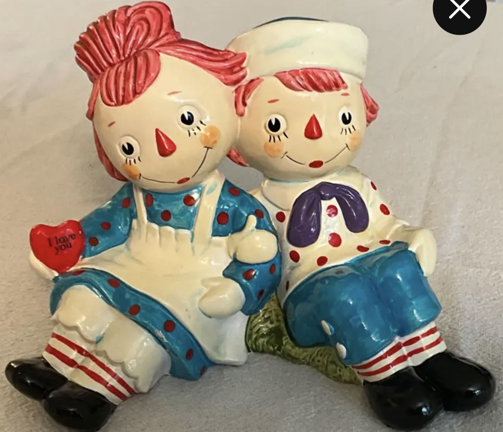 Adorably 1970s Vintage Ceramic Raggedy Ann & Andy seated , Piggy Bank’ featuring Old Style Romantic