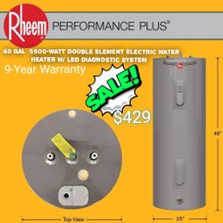 Rheem
Performance Plus 40 Gal Medium 5500-Watt Double Element Electric Water Heater w/ LED Diagnostic System - 9-Year Warranty