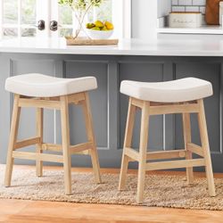 Bar Stools Set of 2, Barstools with Sturdy Wood Legs, Saddle Seat Counter Height Bar Stools for Kitchen Counter, Bar, Dining, 24 Inch Farmhouse Counte
