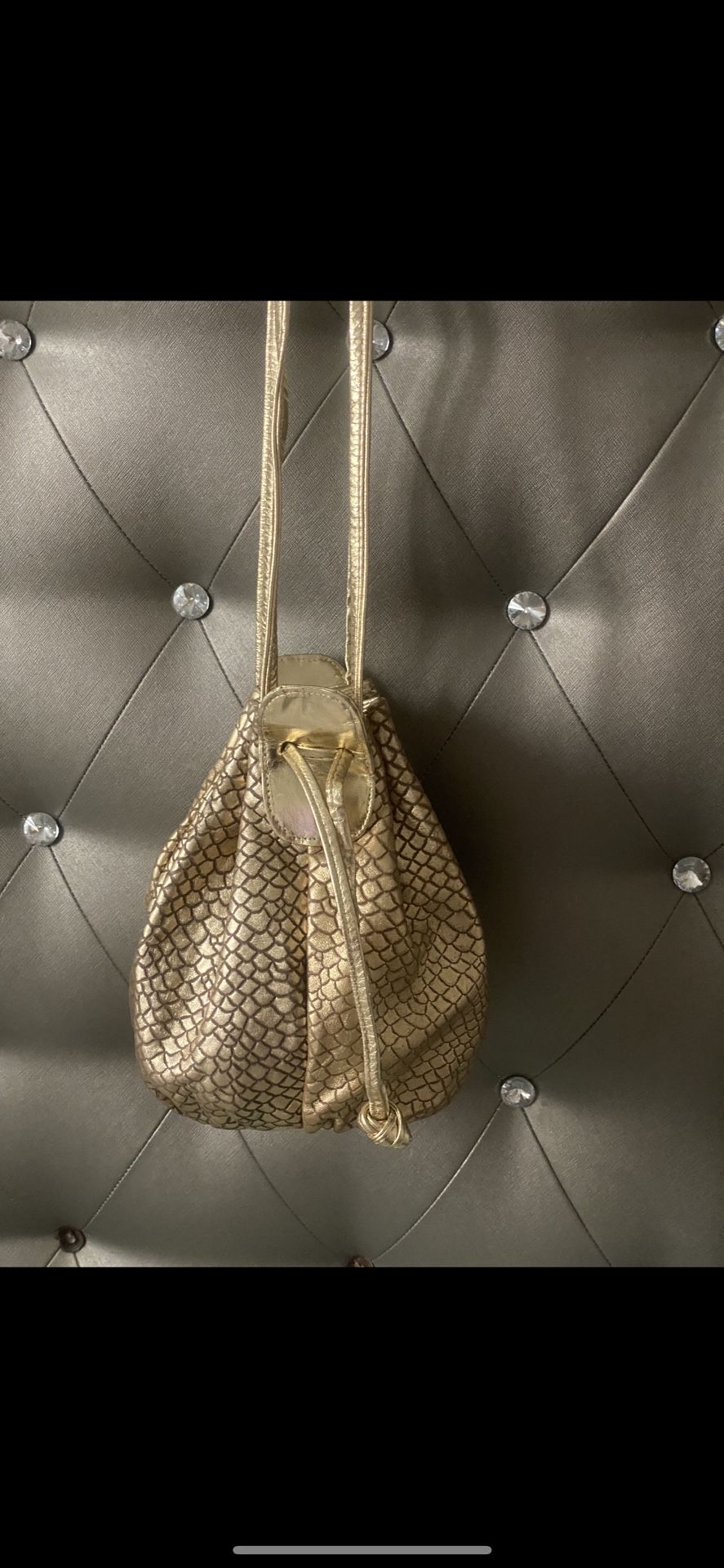 Simone New York Gold Printed Leather 2 Long Straps Shoulder or Backpack Bag
