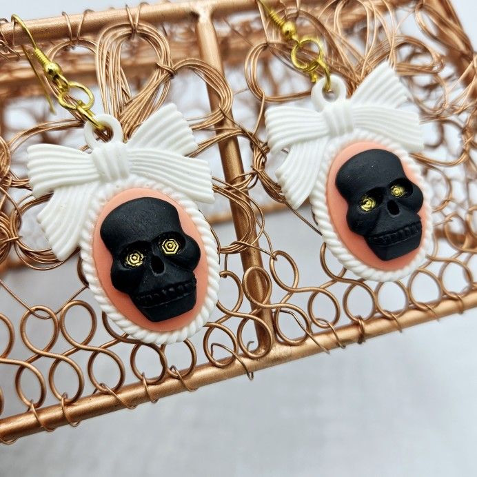Gothic Lolita Pink Black Skull Cameo Earrings, White Bow, Spooky, Horror, Gothic, Halloween