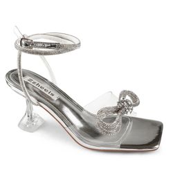 Zzheels Double Bowknots Clear Heels Square Toe Lace Up Sandals Silver Heels For Women For Wedding Silver US10.5