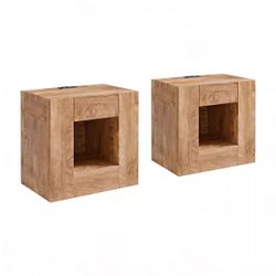 set of 2 24" Modern Nightstand with Charging Station, Large Wood Bedside Table w/Hidden Drawers & Open Storage Shelf, Rustic End Table for Bedroom,Liv