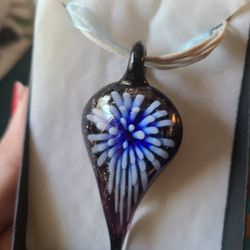 Blown Glass Pendant On Cord And Ribbon With C Clasp