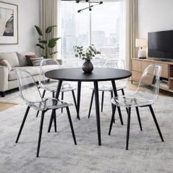 Set Of 4 Transparent Plastic Dining Chairs with Black Metal Legs, Armless Crystal Nordic Style  [NEW] **Assembly Req** 
