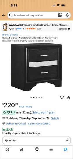 Black 2 drawer nightstand with hidden jewelry tray