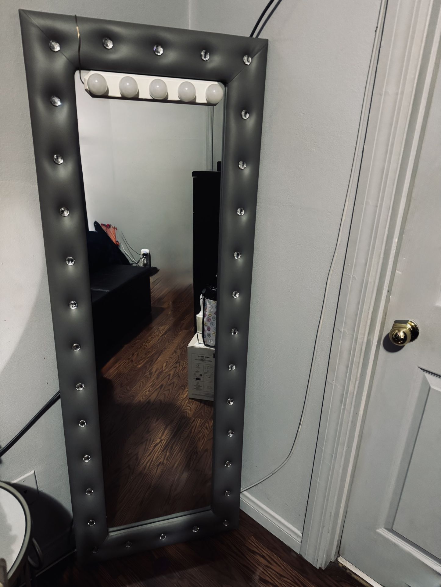 Gray ‘leather’ Mirror With Crystals