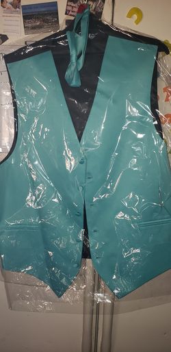 Teal vest with bow tie mens Large