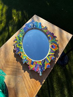 Oval wood trippy Mirror with Colorful Painted Frame