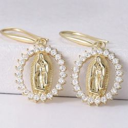 *SALE* 1pair Cubic Zirconia 18K Gold Overlay Virgin Mary Oval Design Drop Earrings