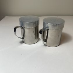 2 Pcs Stainless Steel Salt Pepper Shakers Handles + Covers Seasoning Metal NIB great gift!