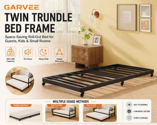 GARVEE Twin Trundle Bed Frame Roll-Out Metal Platform Bed w/ Wheels Black