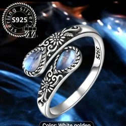 925 Sterling Silver NATURAL Moonstone Double Teardrop Gemstone Adjustable Ring 