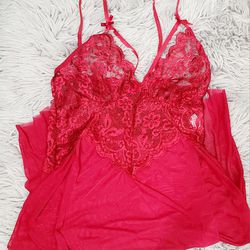 Red  lace Sexy Nightgown lingerie Pajama Set With G-string  New M 
