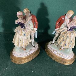 Victorian Porcelain Figurines on Brass Base 7.25 x 5 x 3.5" A Pair