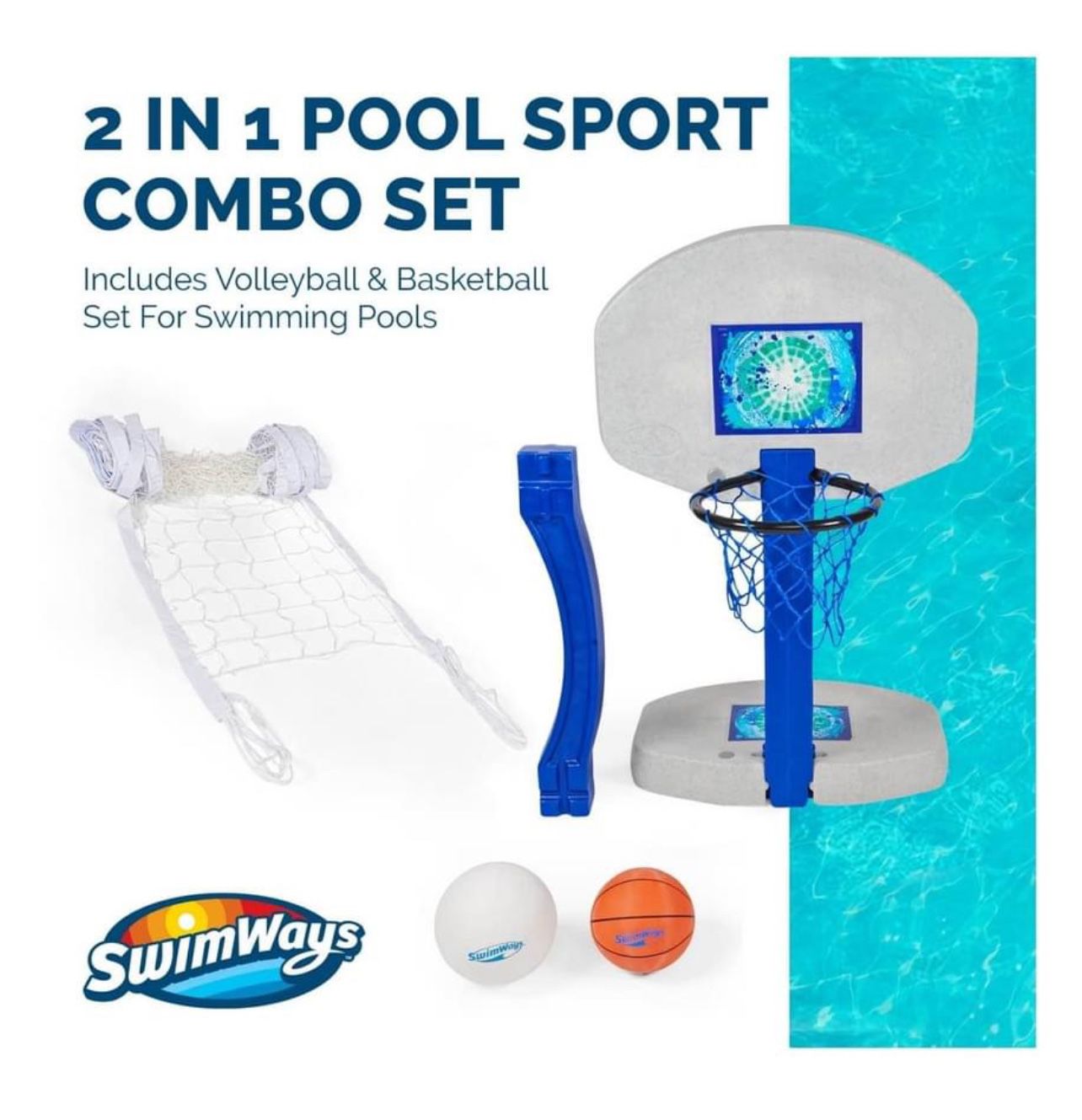 2-in-1 Pool Sport Combo Set - Volleyball Net & Outdoor Basketball Hoop For In- & Above Ground Pool