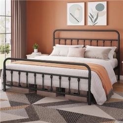 King Classic Iron Platform Bed with High Headboard and Footboard, Strong Metal-Framed Bed with Storage