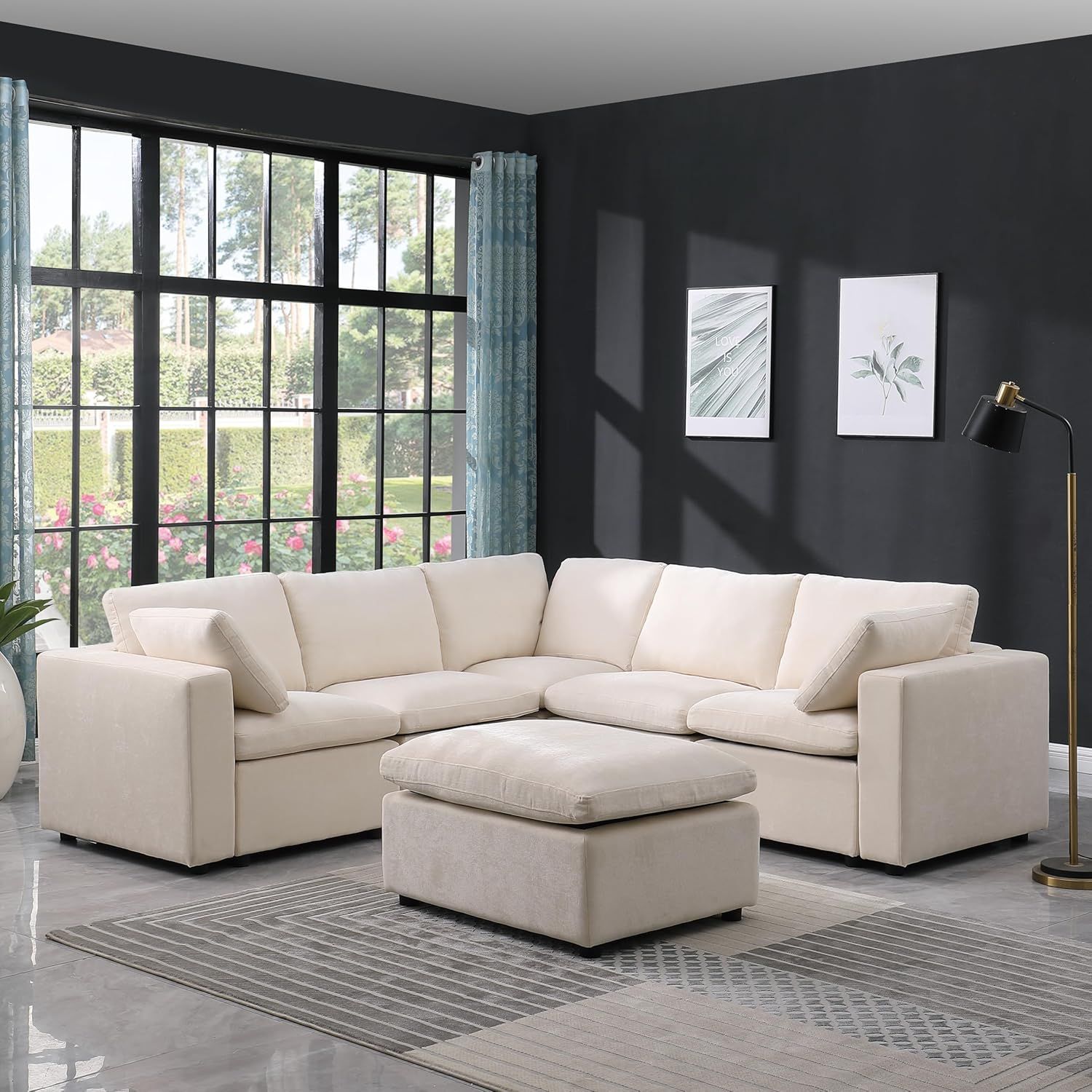 Six Seat Fabric Reversible Modular Sectional Sofa with Ottoman-Beige