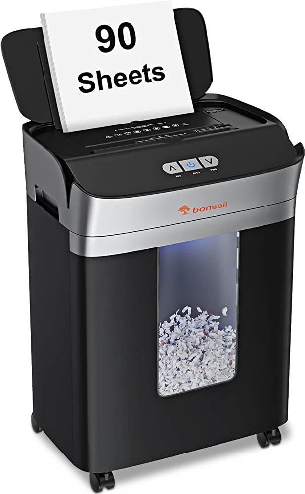 bonsaii Paper Shredder for Office, 90-Sheet Autofeed & Manual Micro Cut Paper Shredder Heavy Duty, P-4 Auto Feed Paper and Credit Card Shredder with 4