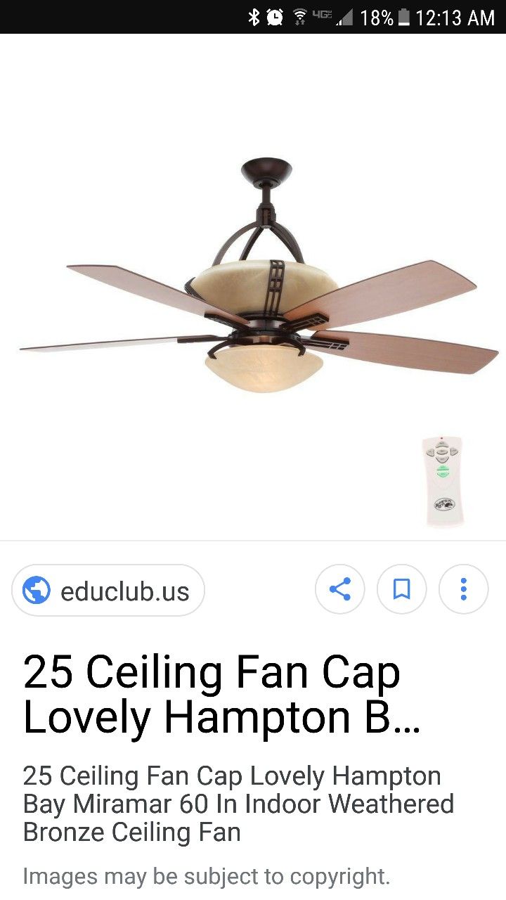 Hampton Bay Miramar 60" bronze ceiling fan with reversible darker walnut blades or lighter cherry wood as pictured.