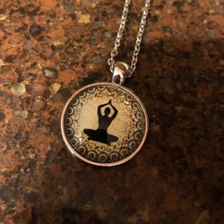NEW - Pretty Yoga Print And Silver Pendant and 20” Chain