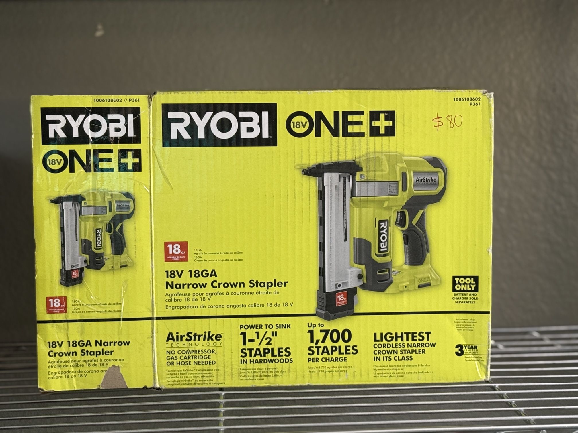 RYOBI ONE+ 18V 18-Gauge Cordless AirStrike Narrow Crown Stapler (Tool Only)