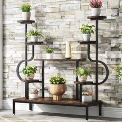 New assembled 8-Tier Metal Plant Stand, Large Tall Plant Shelf for Multiple Plants, Round & Square Boards, Wood Indoor Ladder Holder Flower Rack for L