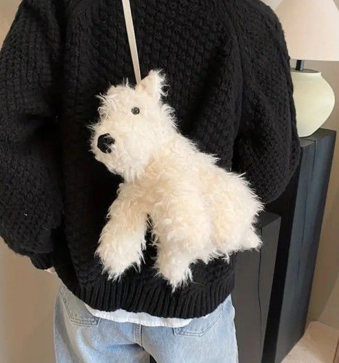 Fluffy Off White Stuffed Animals Dog Toy Crossbody Bag Girl's Kids Gift